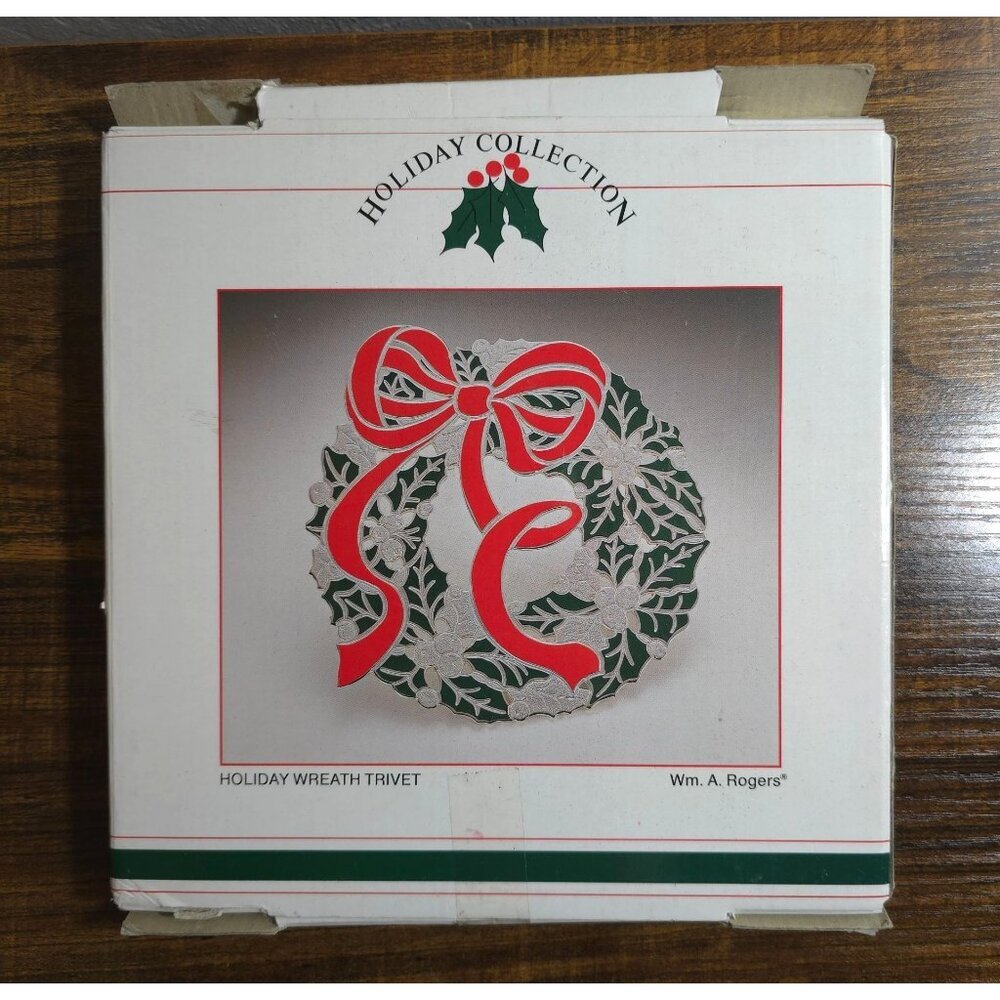 Vintage Holiday Wreath Trivet Silver plate Enamel By Wm. A. Rogers 1986 Japan